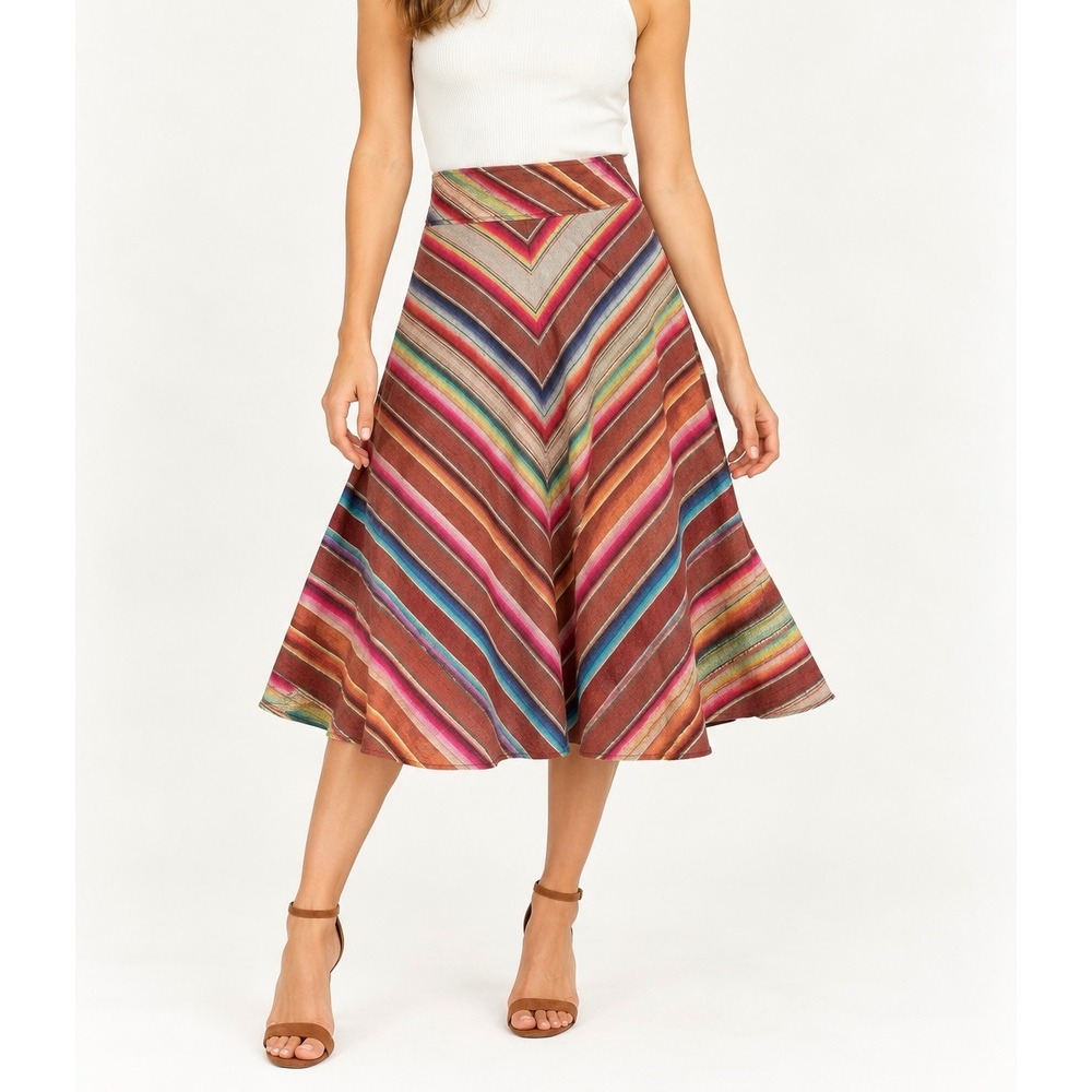 Ralph Lauren Vintage Midi Skirt 90s Linen Rainbow Southwest Multicolor size 4